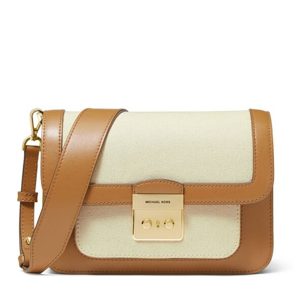 New! MICHAEL KORS Sloan Editor Leather Canvas Crossbody Bag NWT Natural/Acorn - Picture 2 of 4